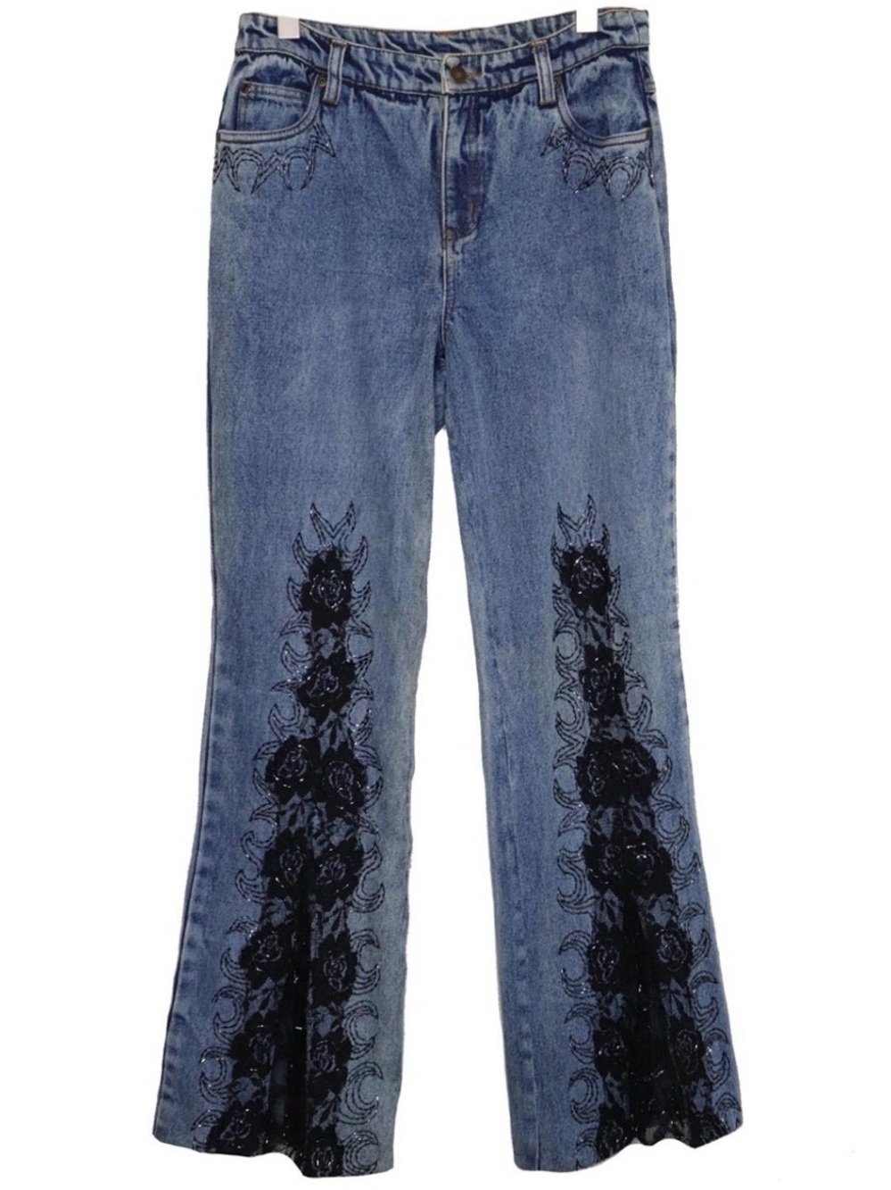 Y2K Jeanology Collection Blue Cotton Jeans with Black Lace Floral Embroidery